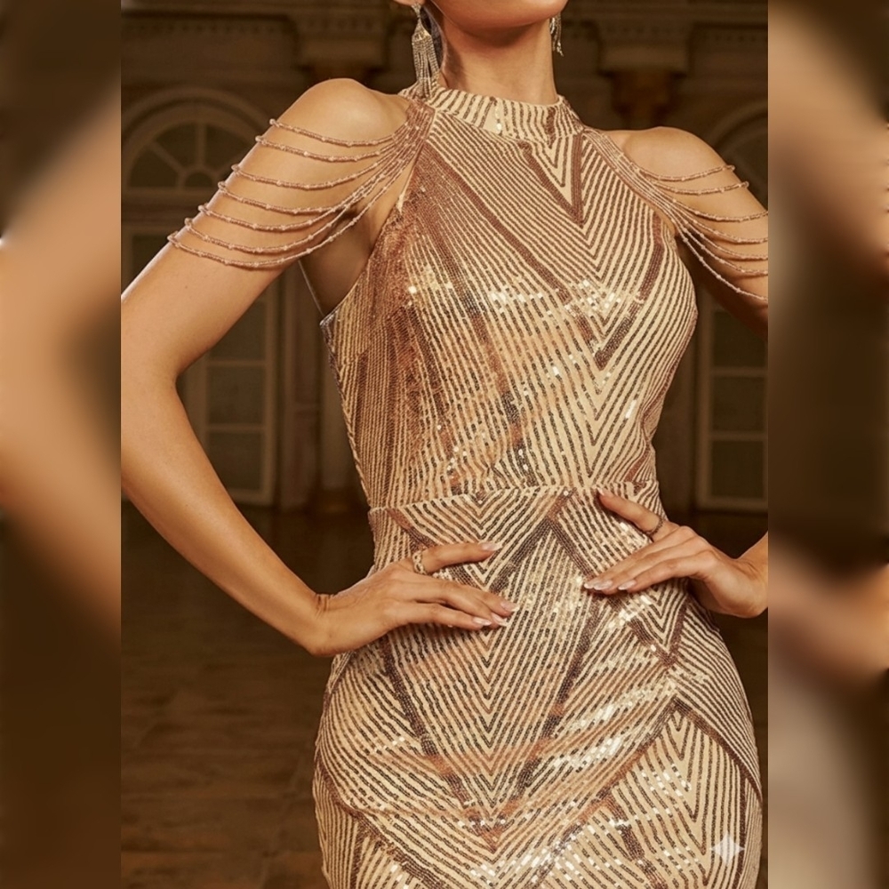 Sparkle and Shine in this stunning floor-length gold sequined gown! ✨
